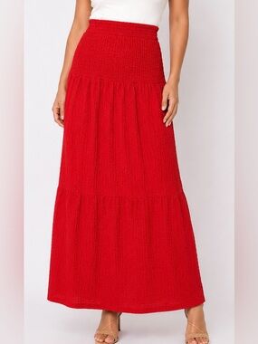Timing Brand Red Tiered Maxi Skirt | Boho Cottagecore Elastic Waist | Size LG